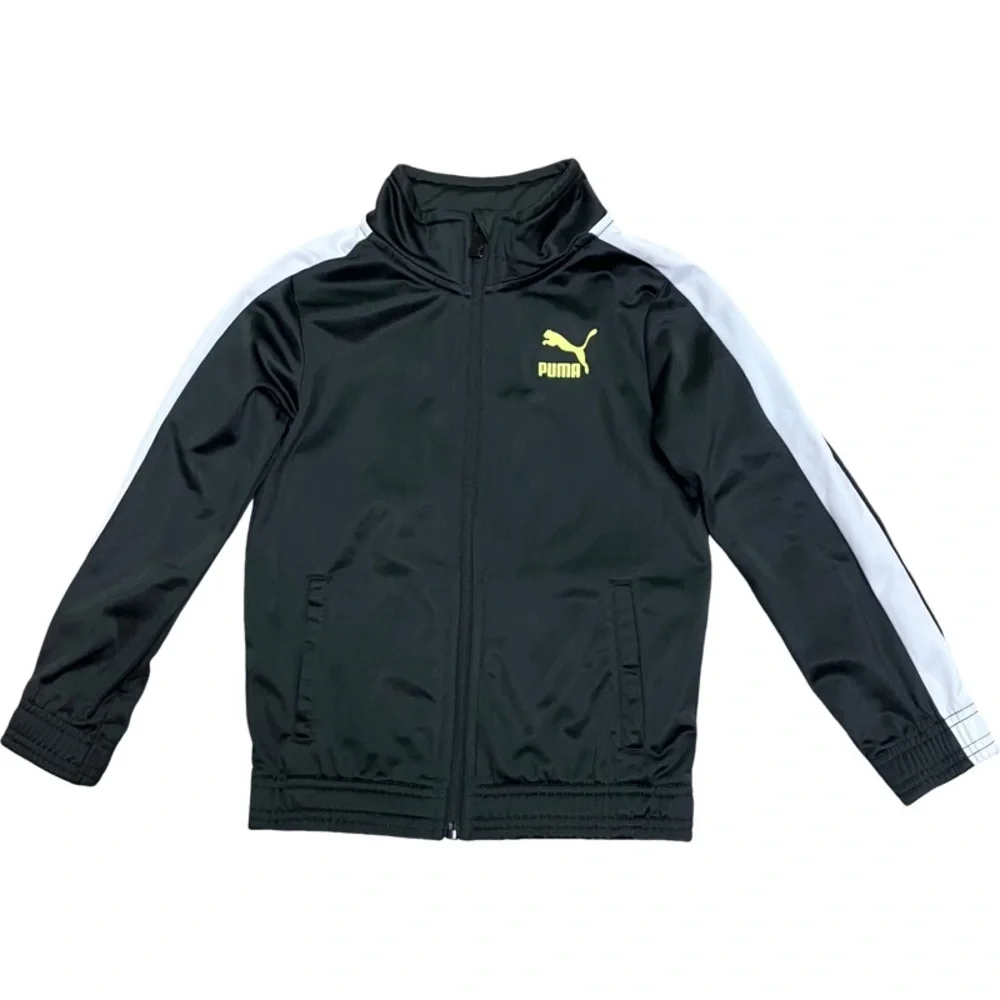 NWOT PUMA Boys Full Zip Track Jacket SIZE 5 Black Neon Yellow LOGO Pockets
